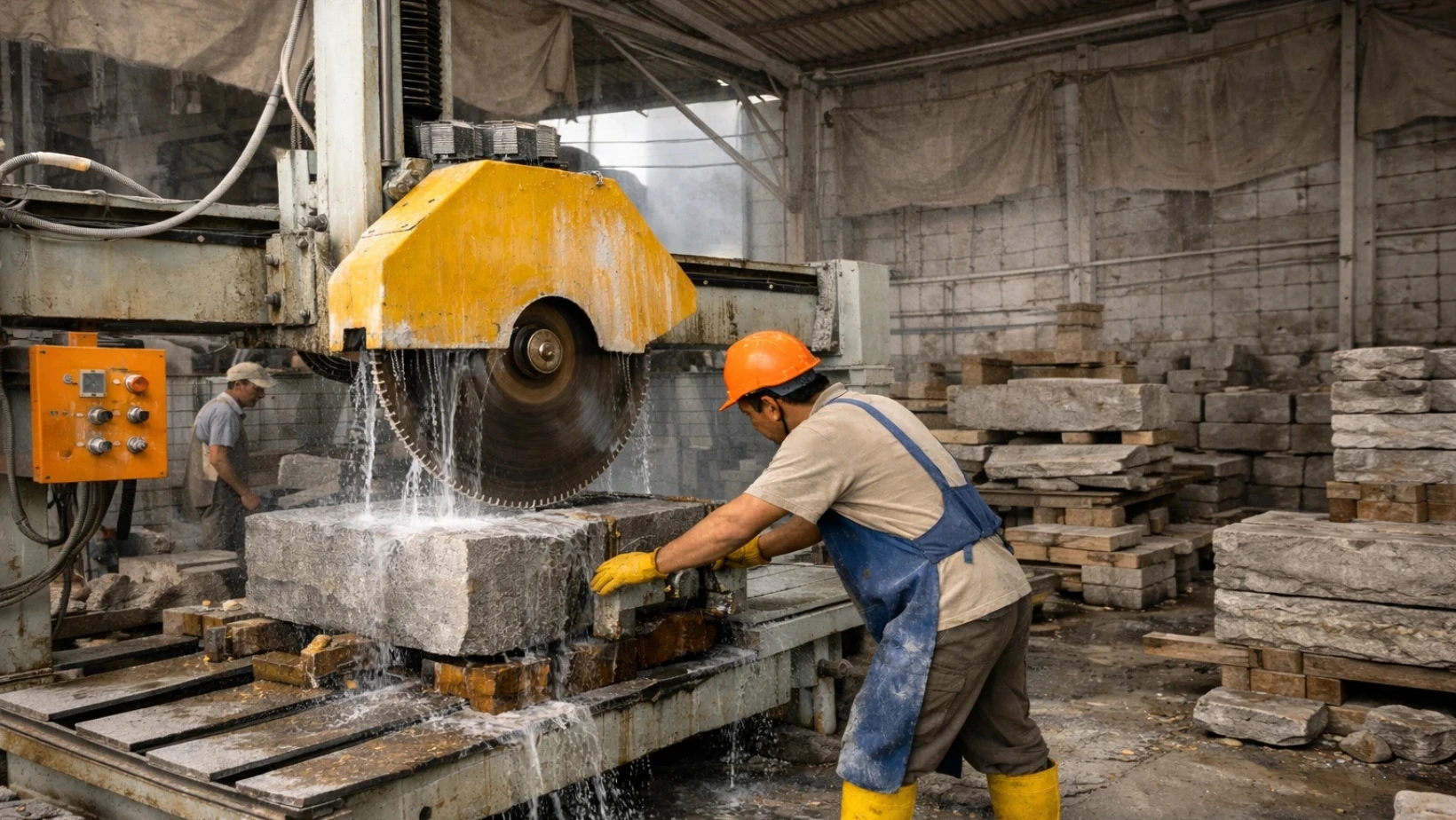 single-pillar-block-cutter-machine-with-worker